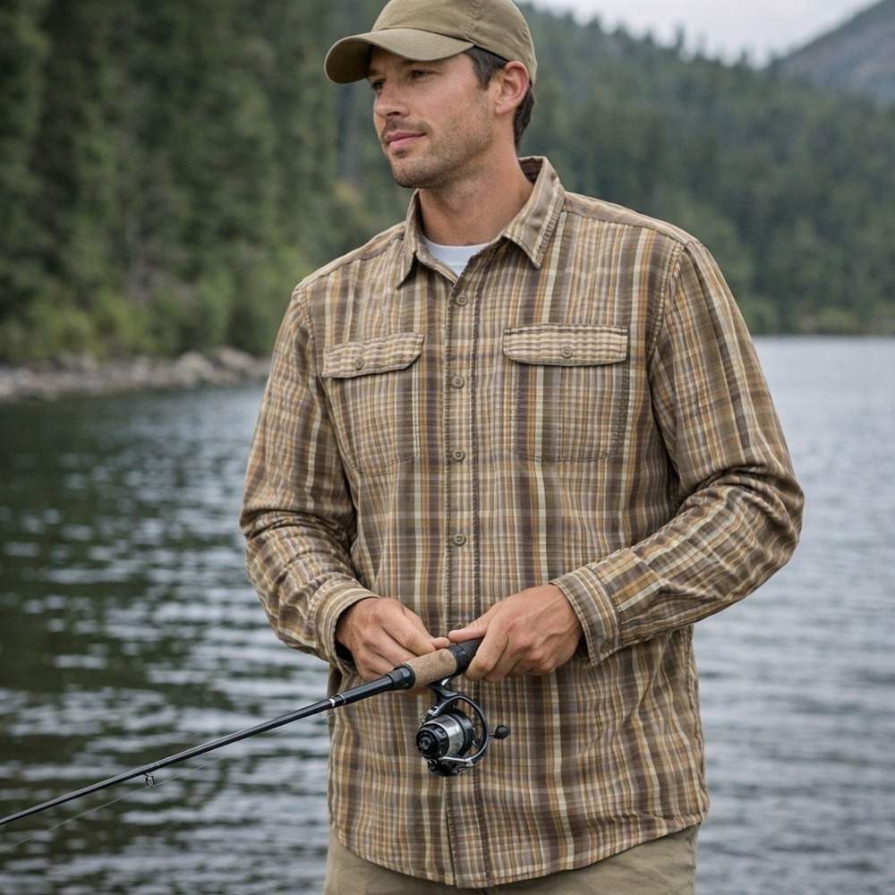 Columbia PFG Flannel Men's XL Button Up Long Sleeve Plaid Green BRN VENTED